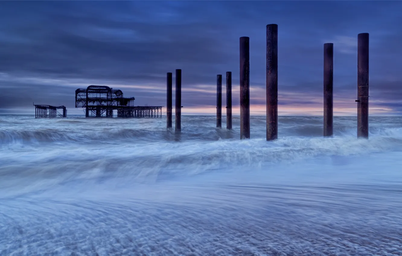 Photo wallpaper sea, England, the evening, tide, Brighton