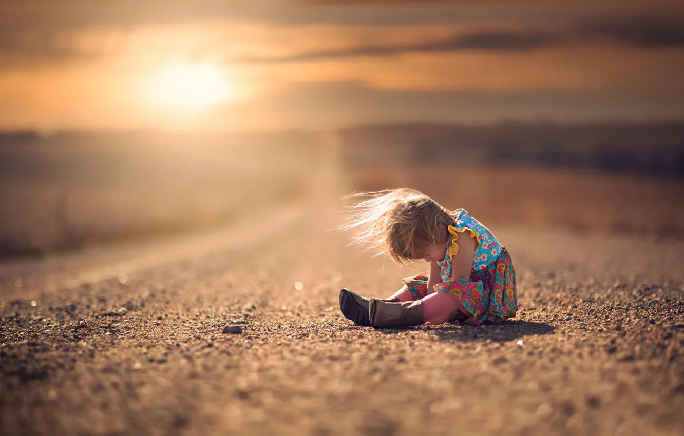 Photo wallpaper road, children, the wind, dress, girl, boots, bokeh