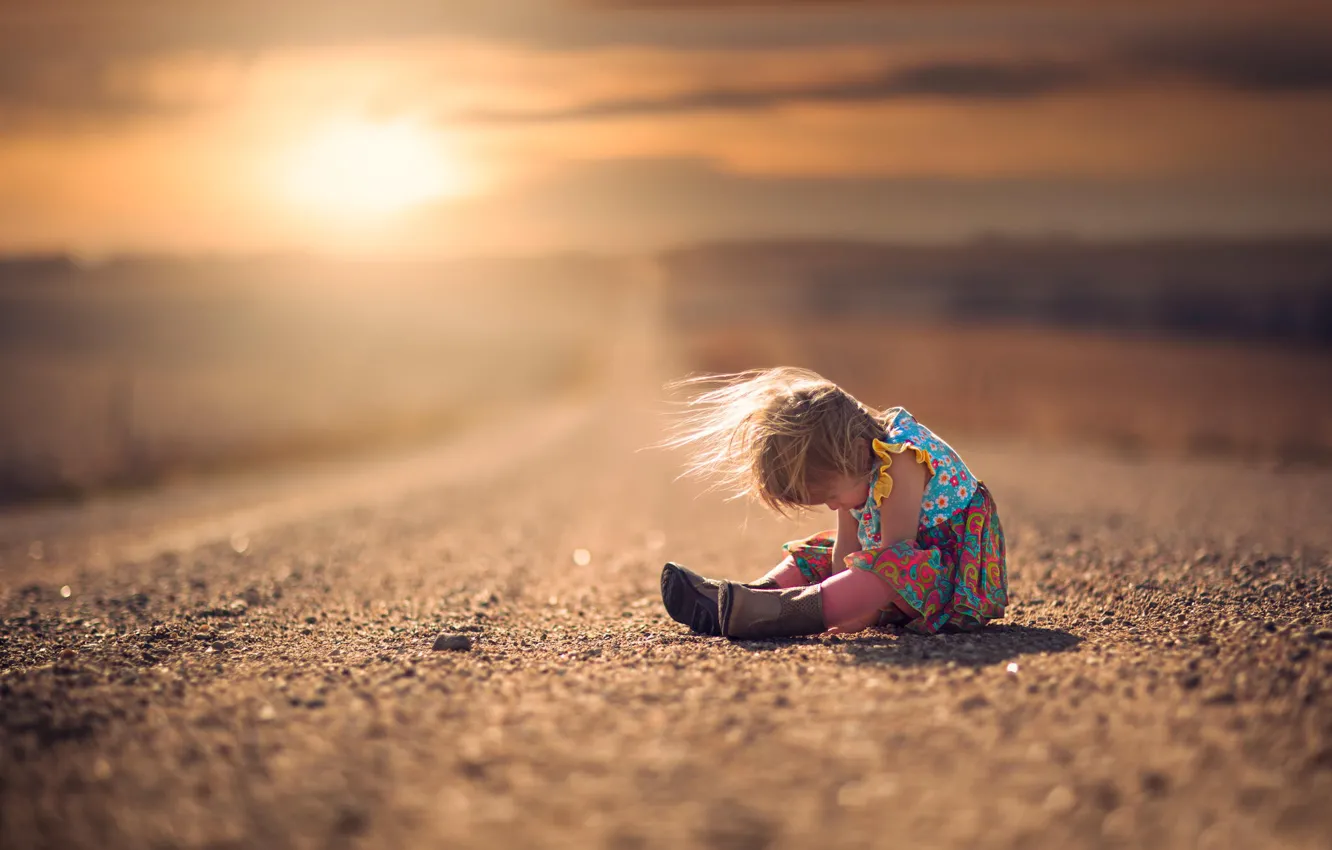 Photo wallpaper road, the wind, dress, girl, boots, child, bokeh