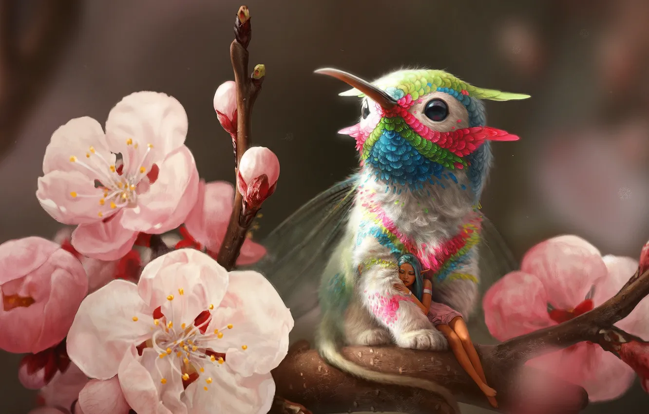 Photo wallpaper flowers, branches, fantasy, bird, petals, fairy, art