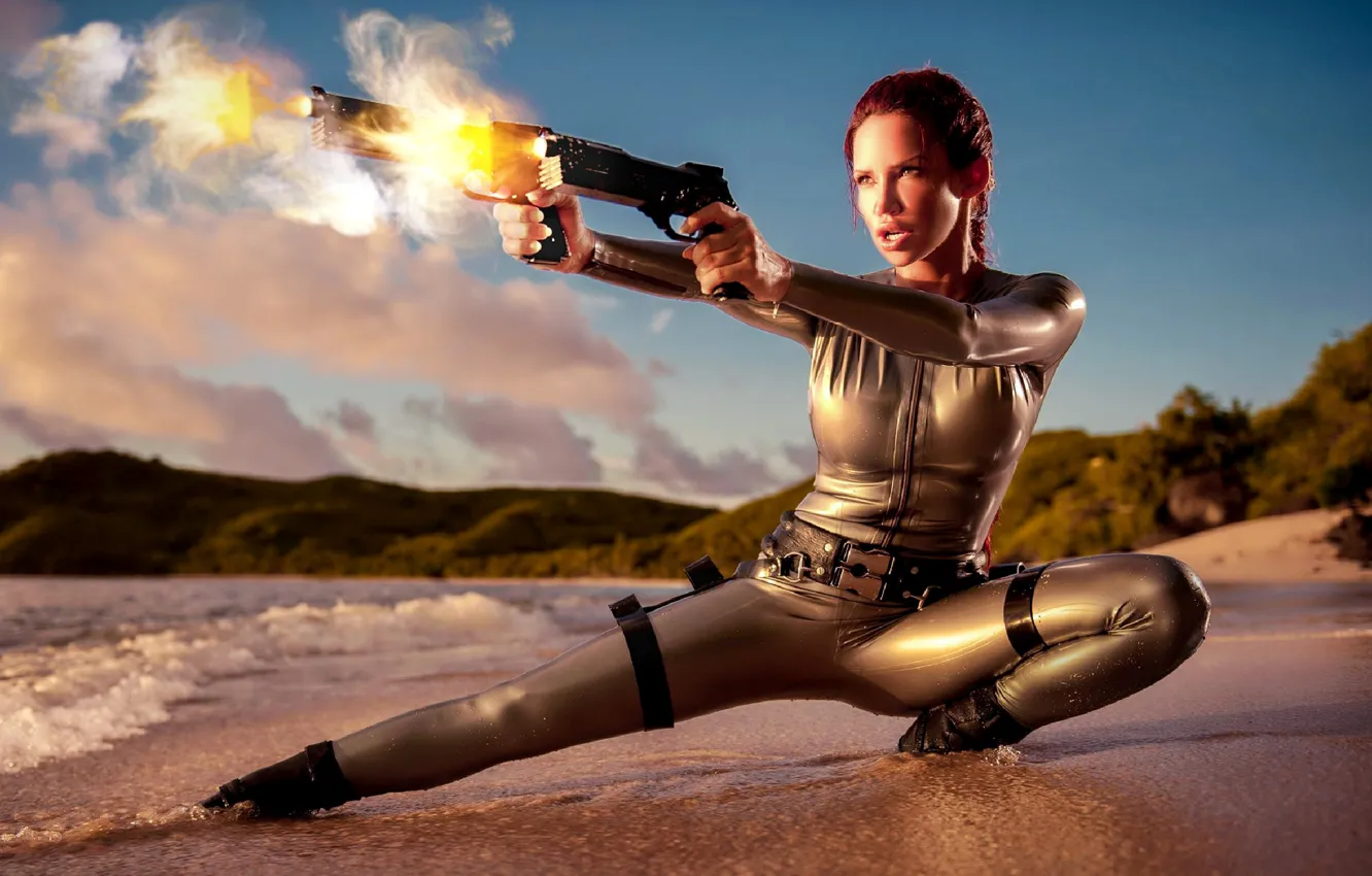 Photo wallpaper beach, the sky, weapons, fire, shore, model, fantasy, shooting