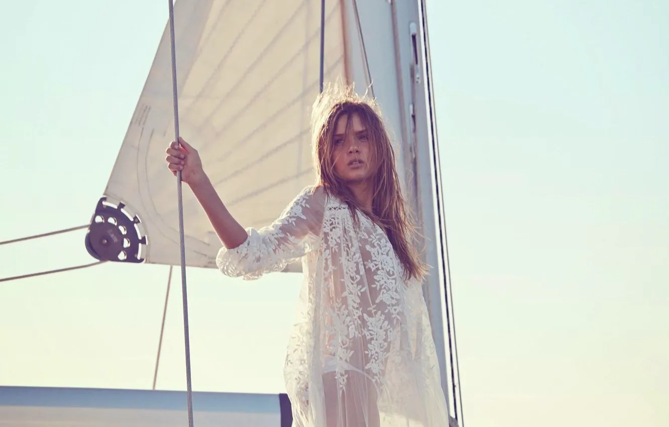 Photo wallpaper sea, hair, yacht, sail, Josephine Skriver