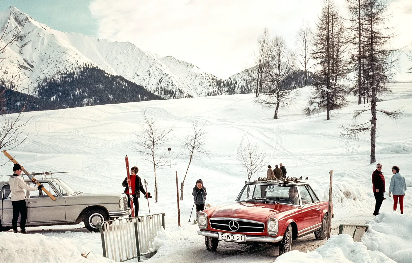 Photo wallpaper Roadster, Mercedes-Benz, Winter, Mountains, Snow, People, 1963, Roadster