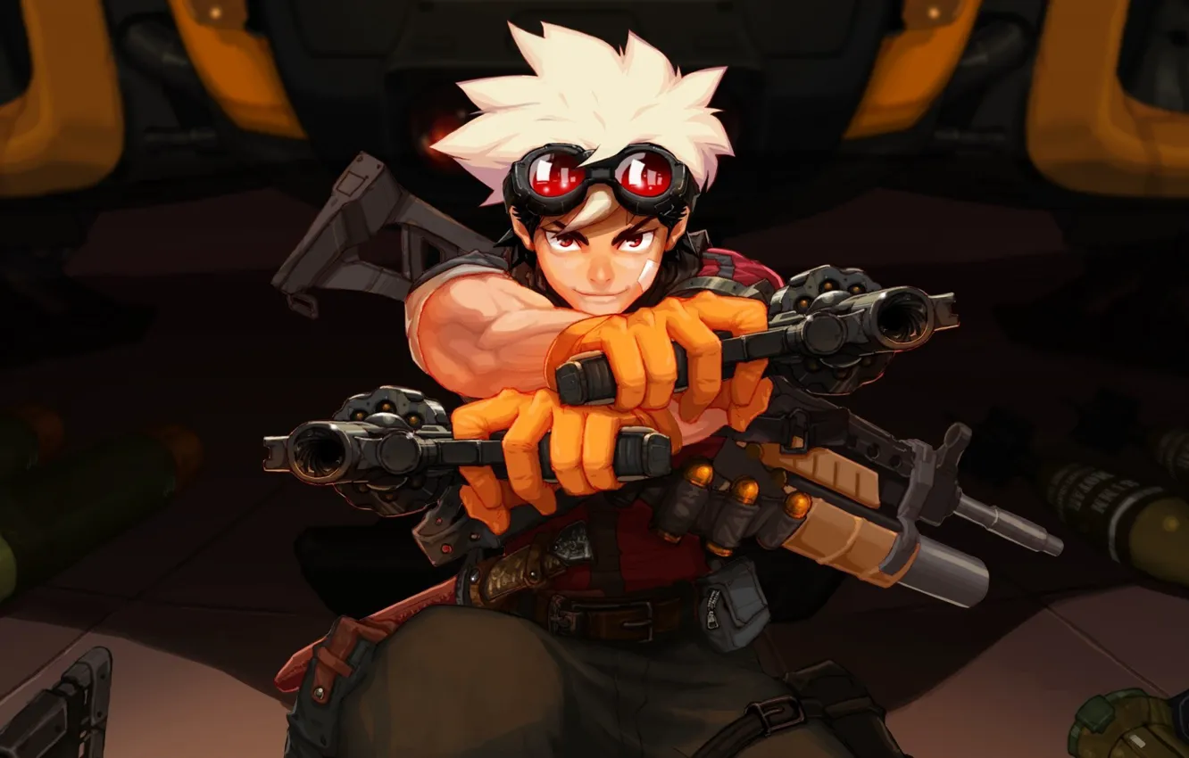 Photo wallpaper gun, weapon, boy, rifle, knife, revolver, gloves, goggles