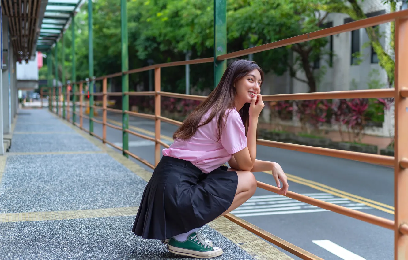 Photo wallpaper road, pose, street, model, sneakers, skirt, portrait, makeup
