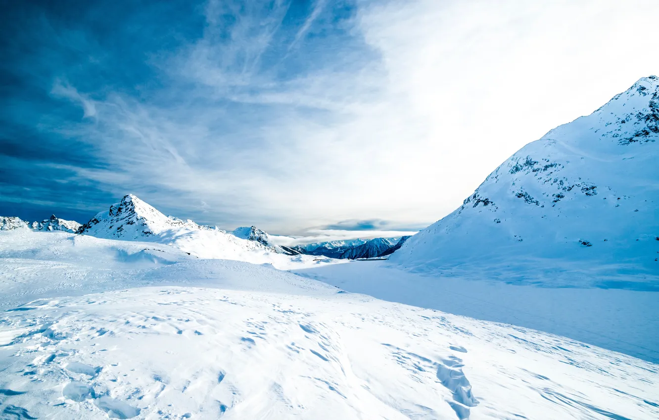 Photo wallpaper winter, the sky, clouds, snow, landscape, mountains, nature, rocks
