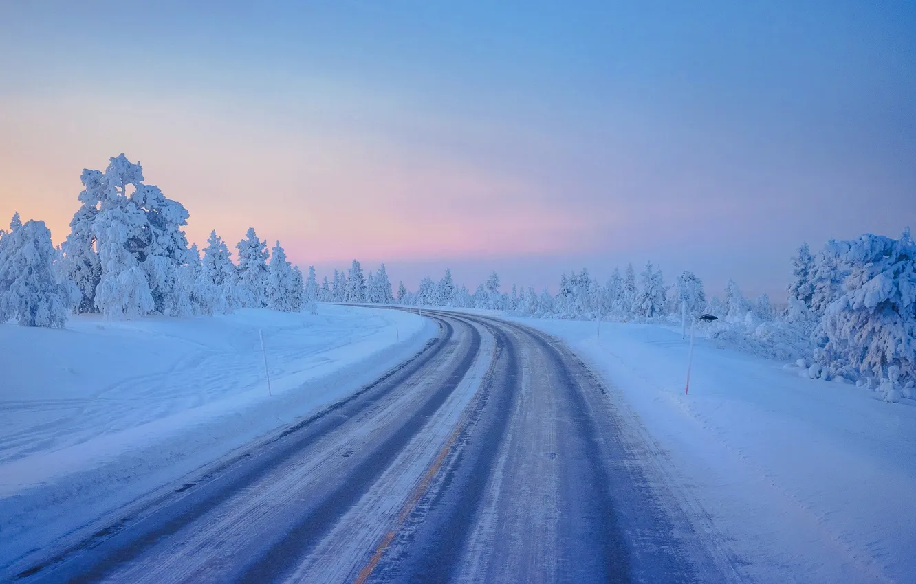 Photo wallpaper winter, road, forest, the sky, clouds, snow, trees, landscape