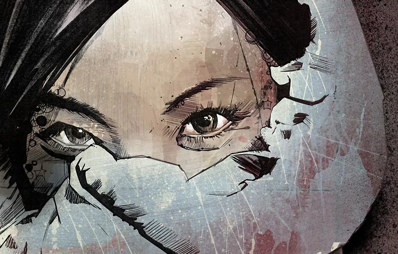 Photo wallpaper girl, eyes, urban art, paint, russ mills
