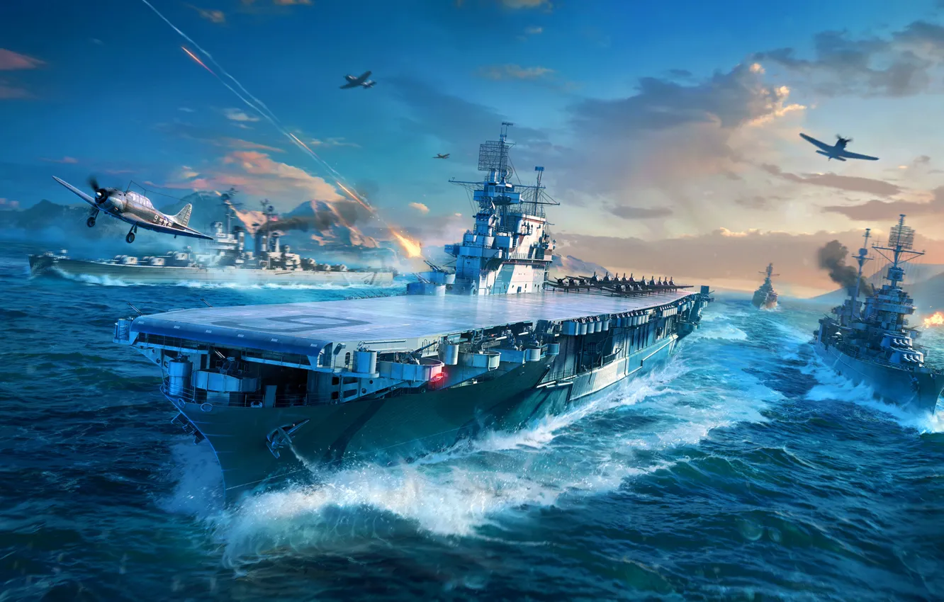 Photo wallpaper The ocean, Sea, The game, The plane, Ship, Ships, The carrier, Tank