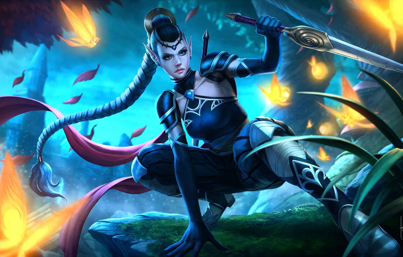 Photo wallpaper night, fiction, butterfly, elf, dagger, braid, girl, elf