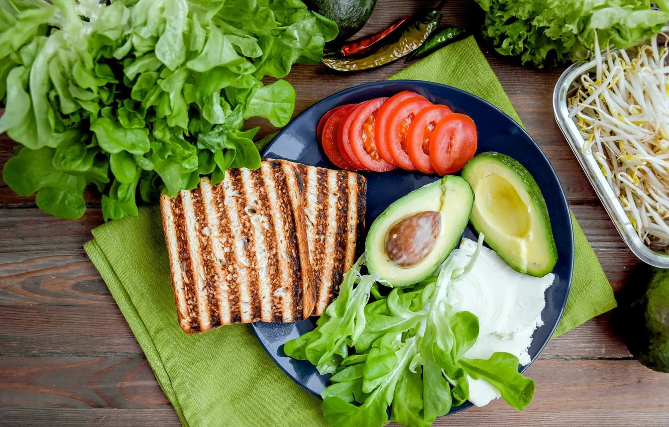 Photo wallpaper tomatoes, salad, avocado, croutons