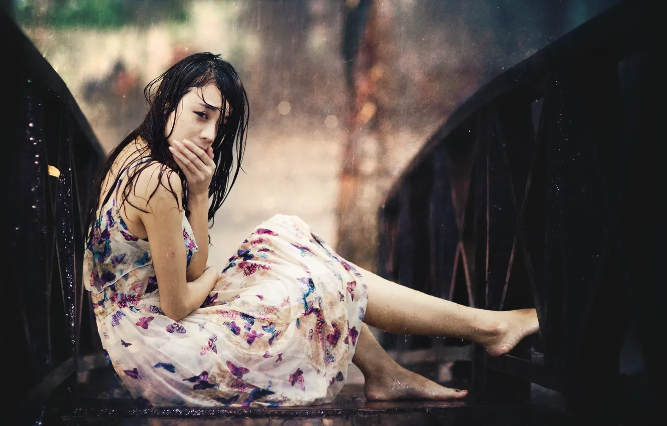 Photo wallpaper girl, rain, mood