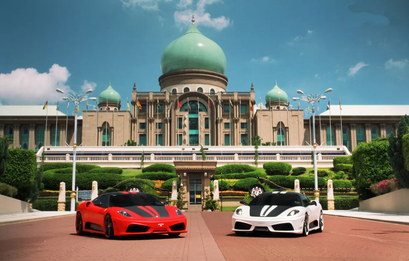 Photo wallpaper white, the sky, clouds, red, building, Ferrari, red, white