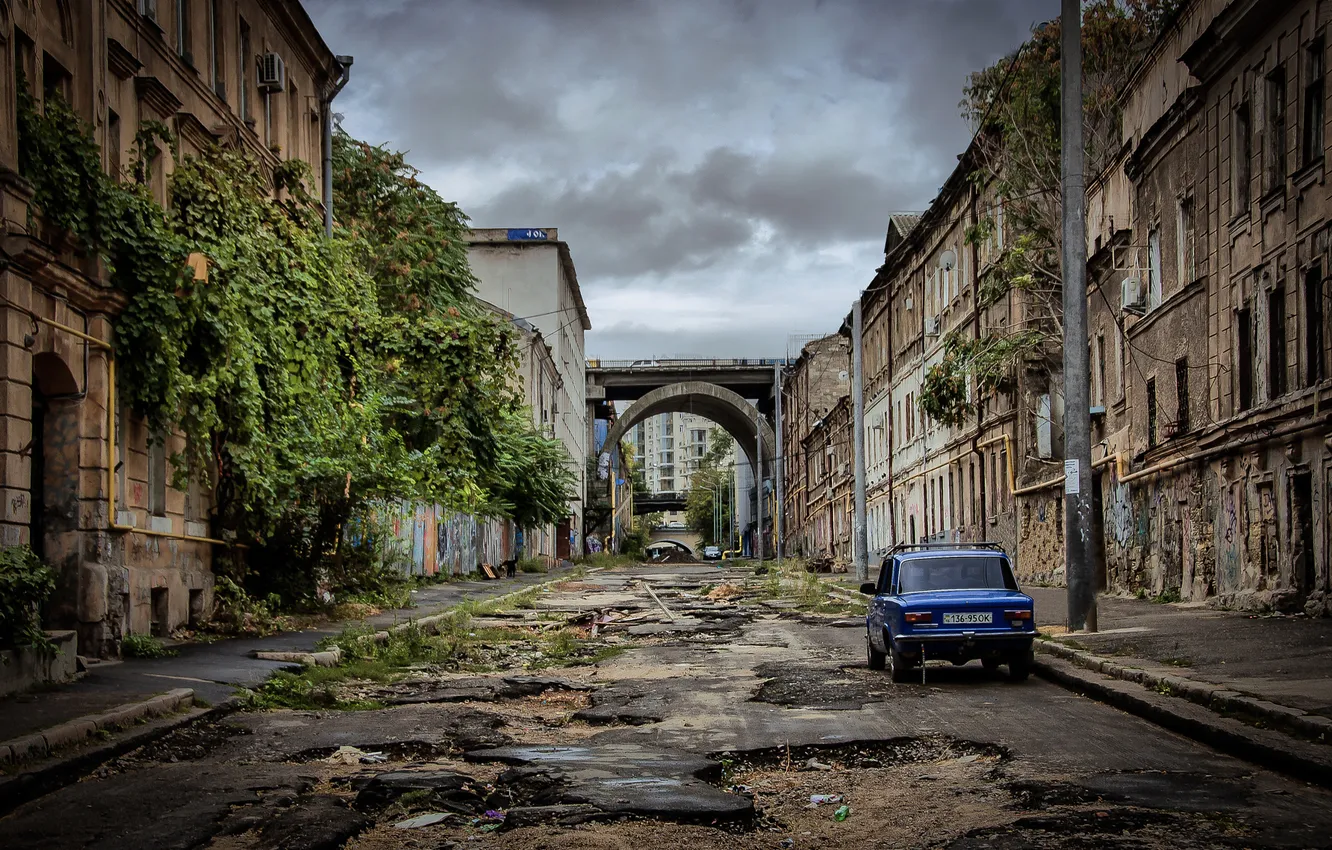 Photo wallpaper road, auto, the city, building, the ruins, Ukraine, Lada, Lada