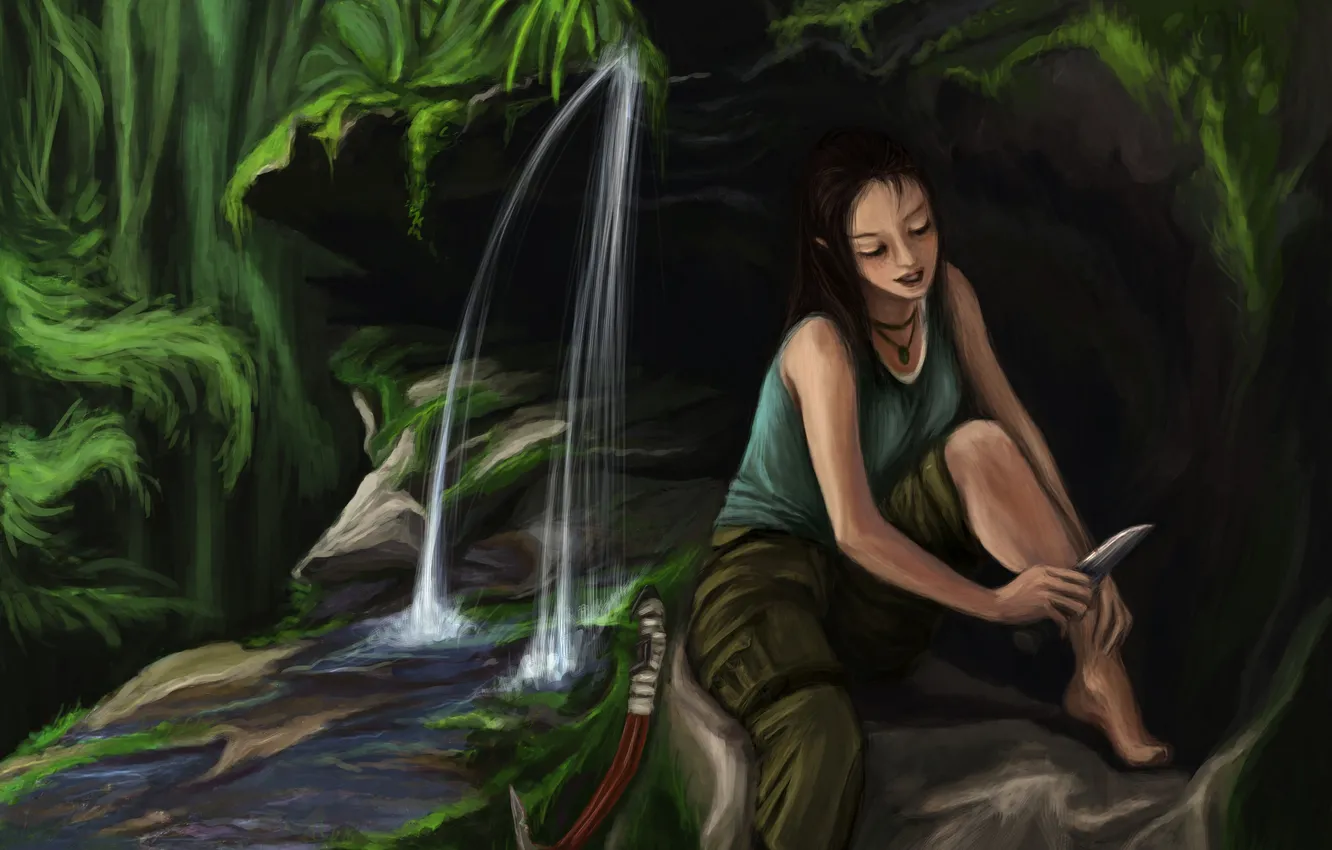 Photo wallpaper water, face, waterfall, art, knife, Tomb Raider, legs, Lara Croft