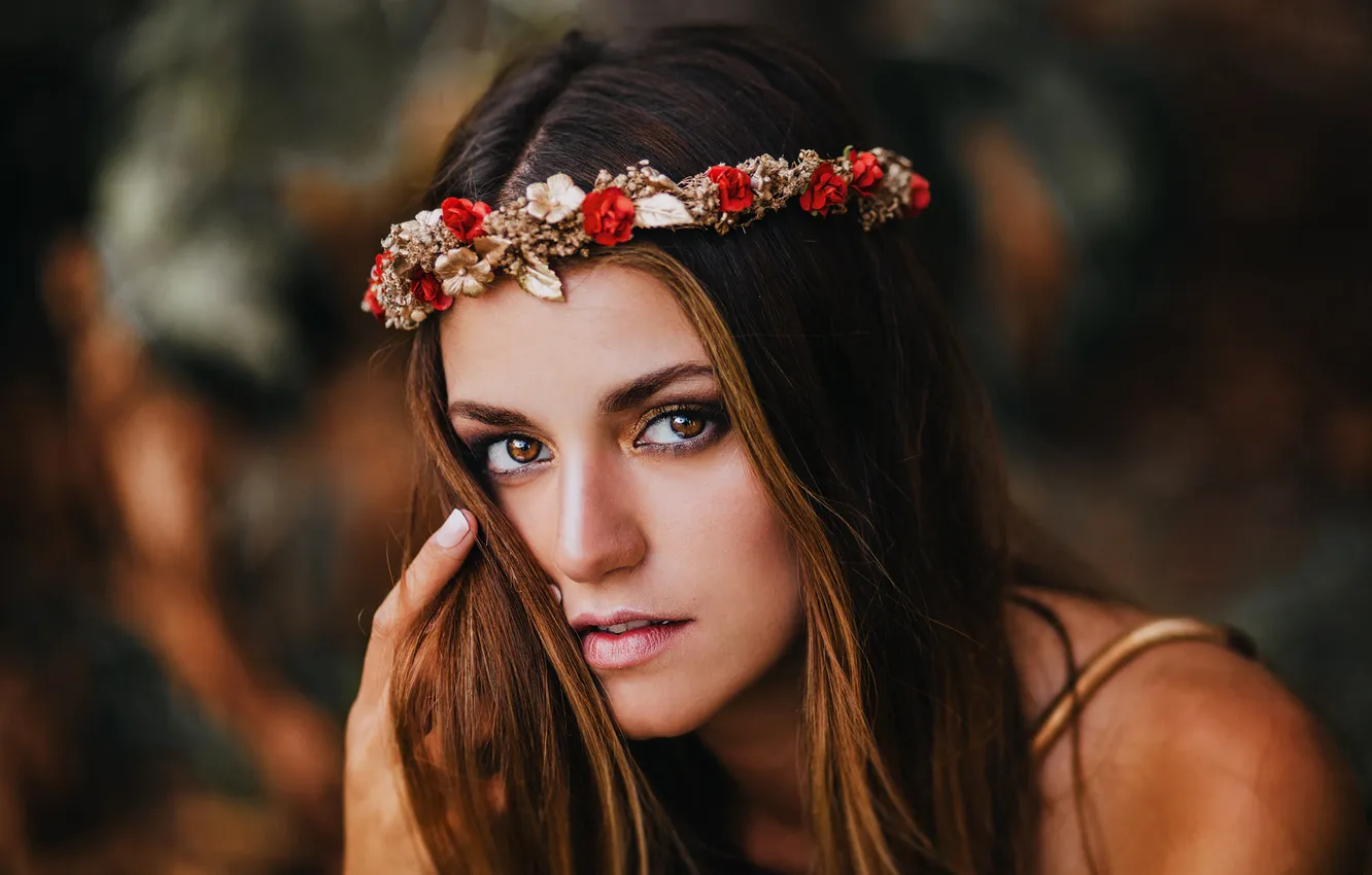 Photo wallpaper look, face, portrait, wreath