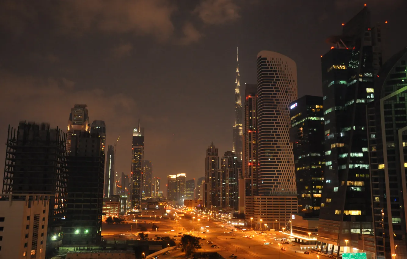 Photo wallpaper road, night, the city, photo, skyscrapers, lights, Dubai, United Arab Emirates