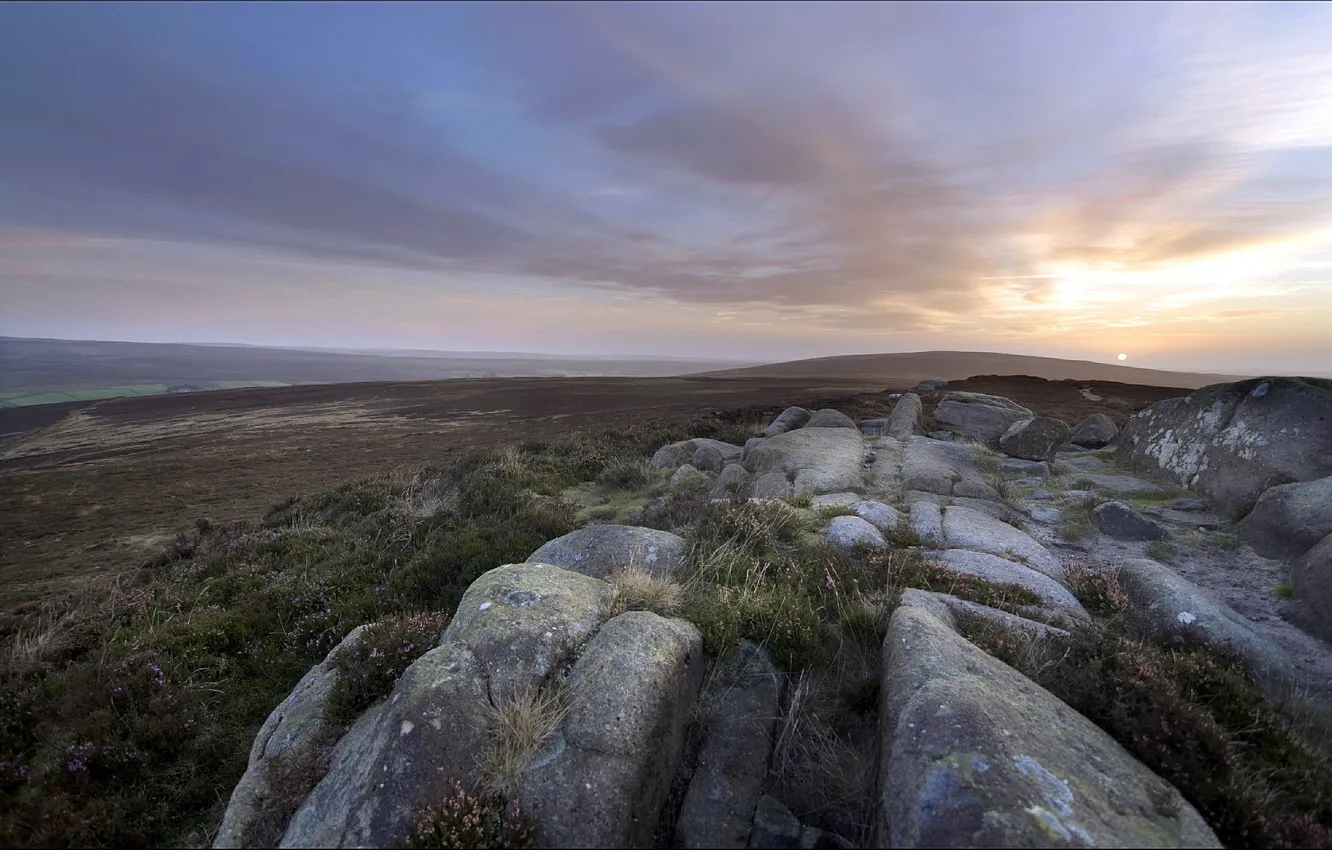 Photo wallpaper field, landscape, sunset, stones