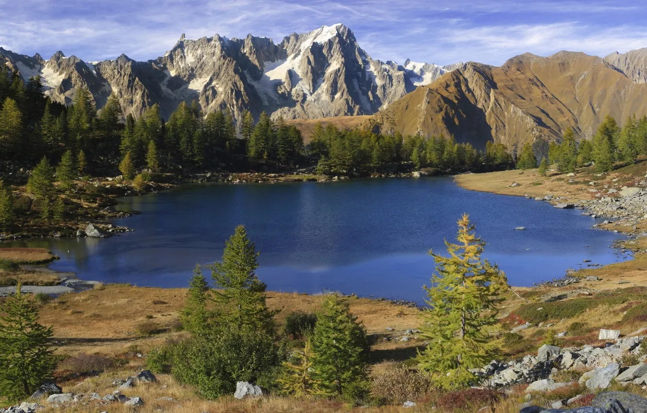 Photo wallpaper forest, mountains, nature, lake, stones