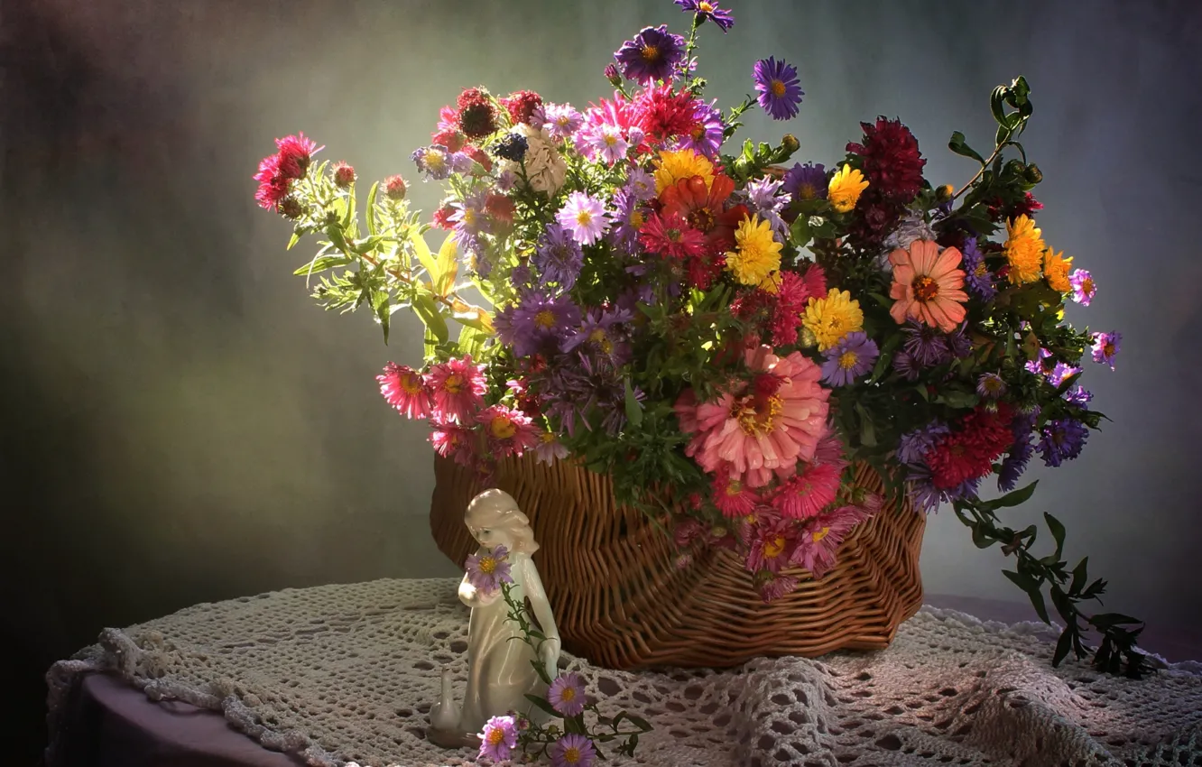 Photo wallpaper basket, bouquet, girl, figurine, very, asters, zinnia