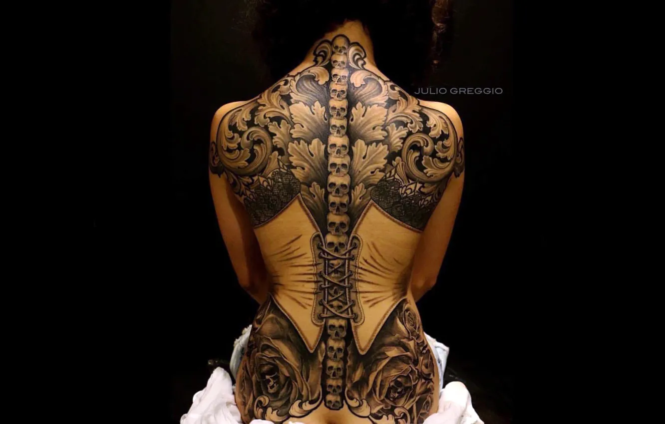 Photo wallpaper PATTERNS, SKULL, BACK, CORSET, TATTOO, BLACK BACKGROUND, JULIO GREGGIO
