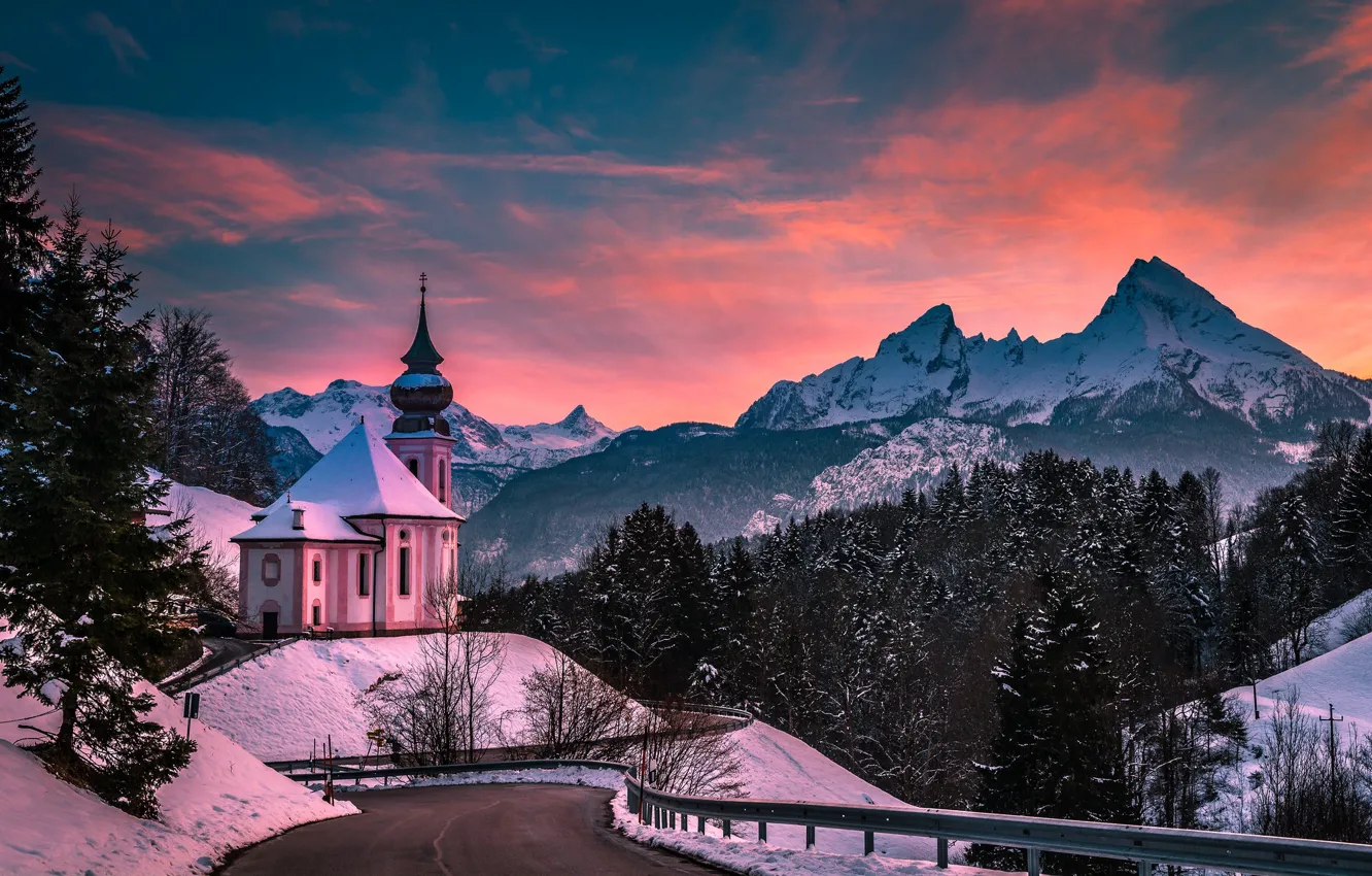 Photo wallpaper winter, road, forest, mountains, Germany, Bayern, Church, Germany