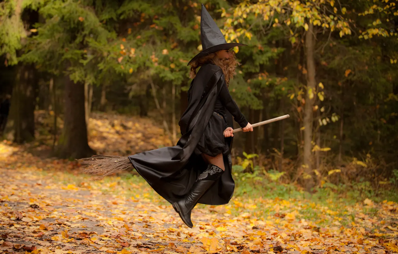 Photo wallpaper forest, black, magic, girl, flight, brown hair, witch, broom