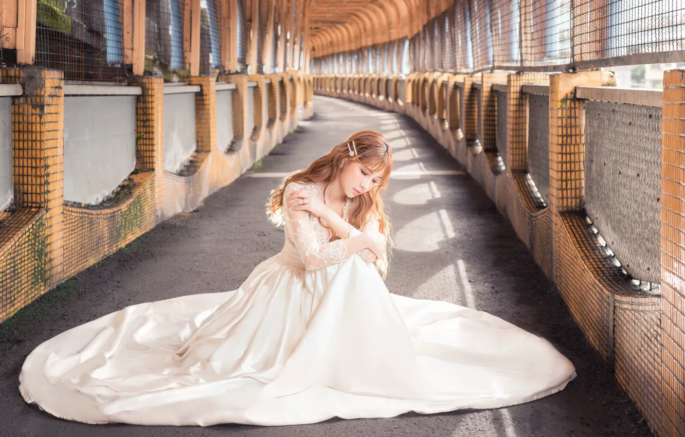 Photo wallpaper girl, pose, dress, corridor, Asian, sitting, the bride, the room