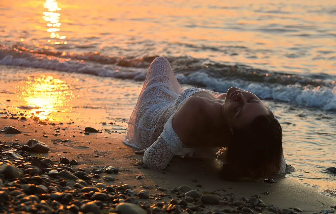 Photo wallpaper sea, girl, sunset, pose, mood, pebbles