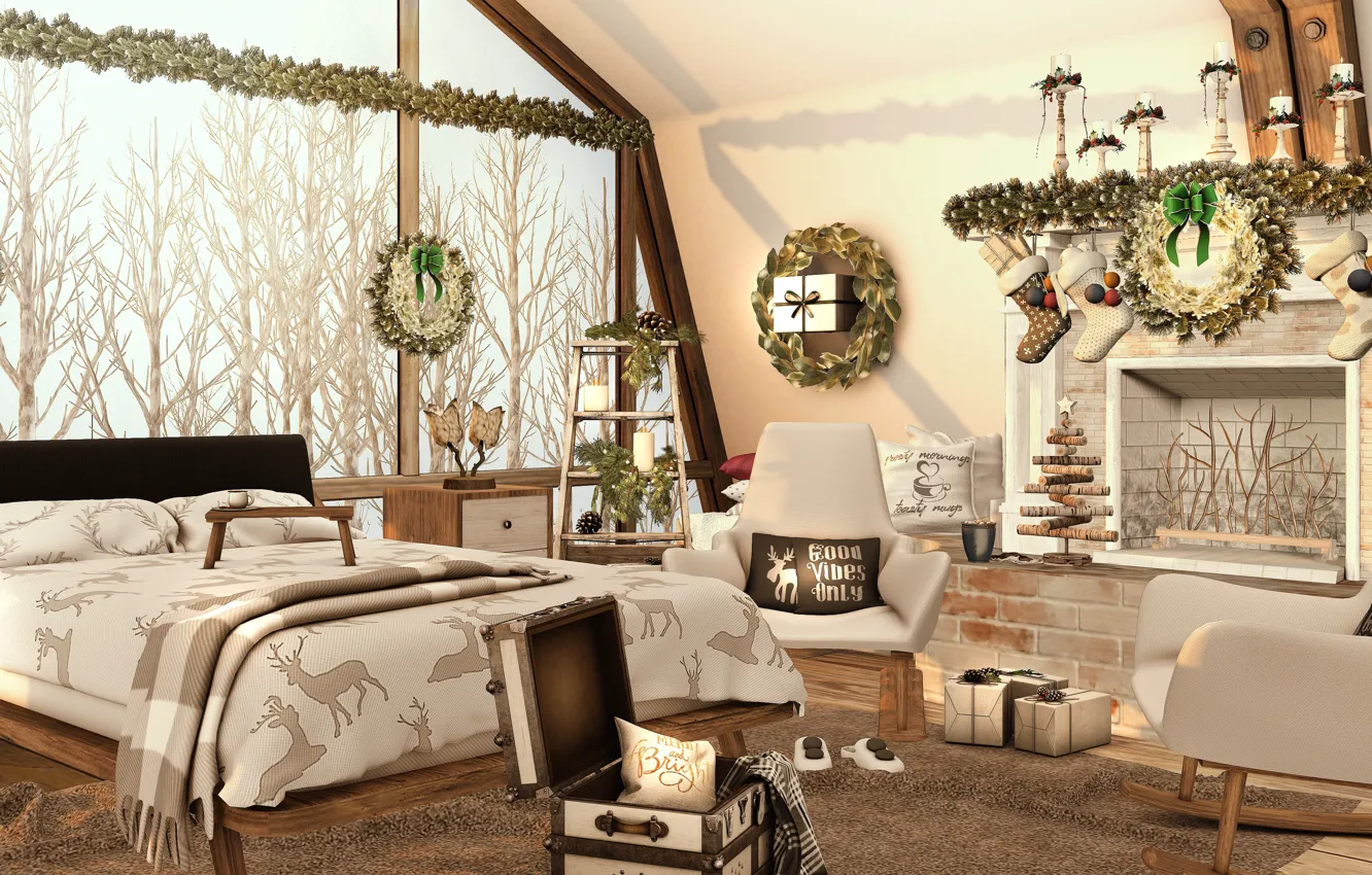 Photo wallpaper trees, design, room, bed, window, christmas, trees, winter