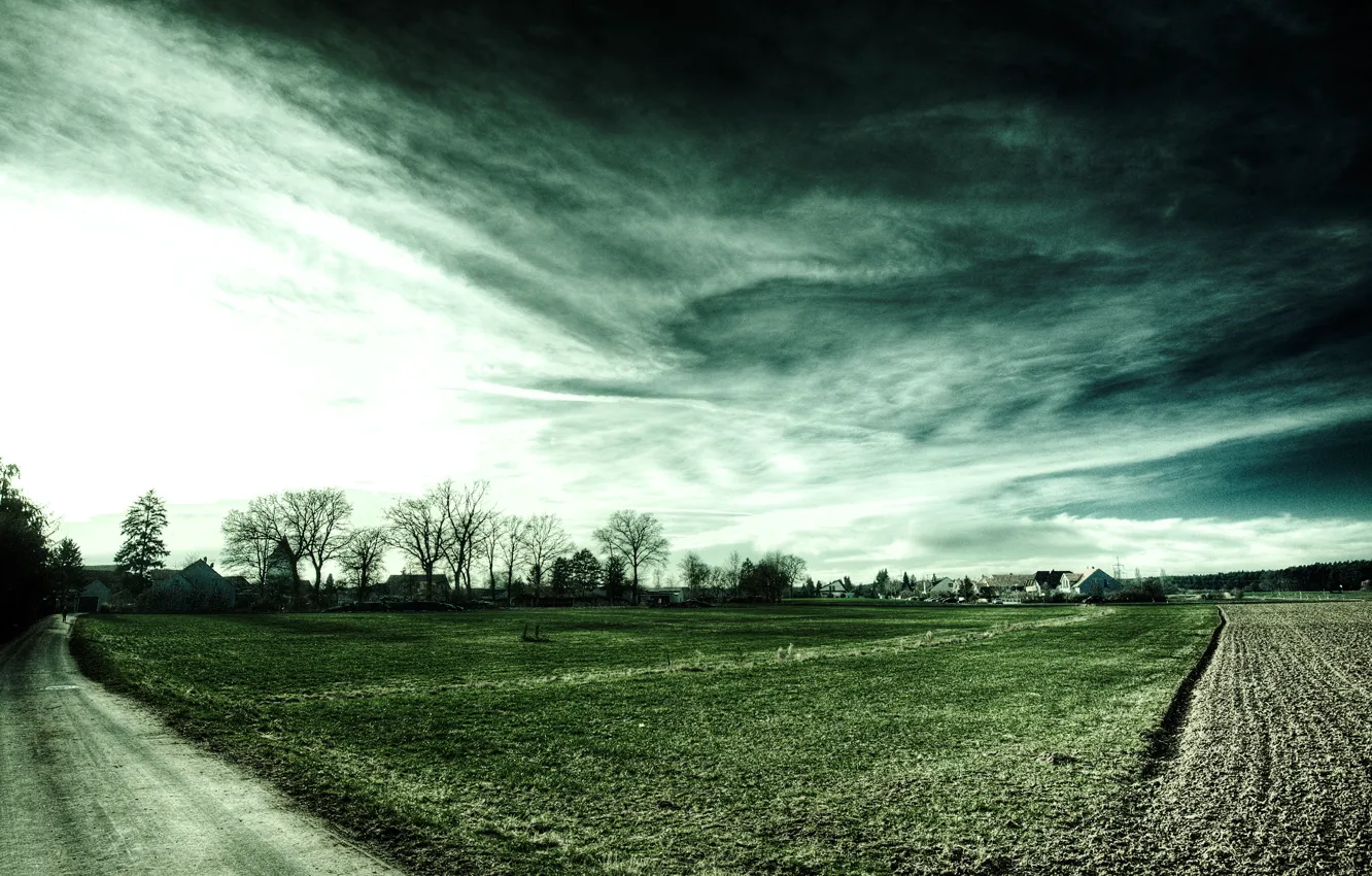 Photo wallpaper field, the sky, clouds, landscape, road, home, field, clouds