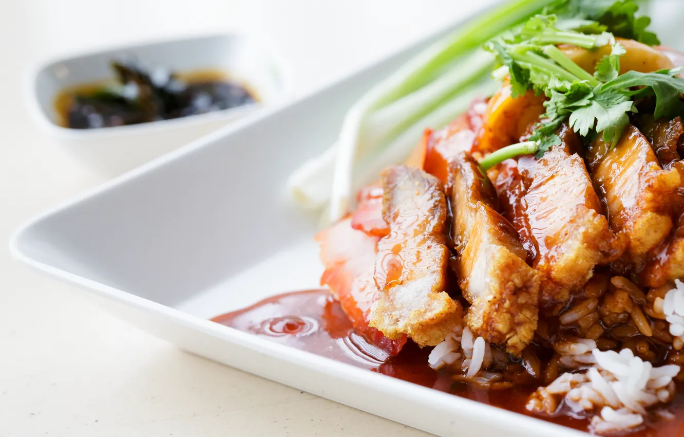 Photo wallpaper greens, food, meat, figure, sauce, dish