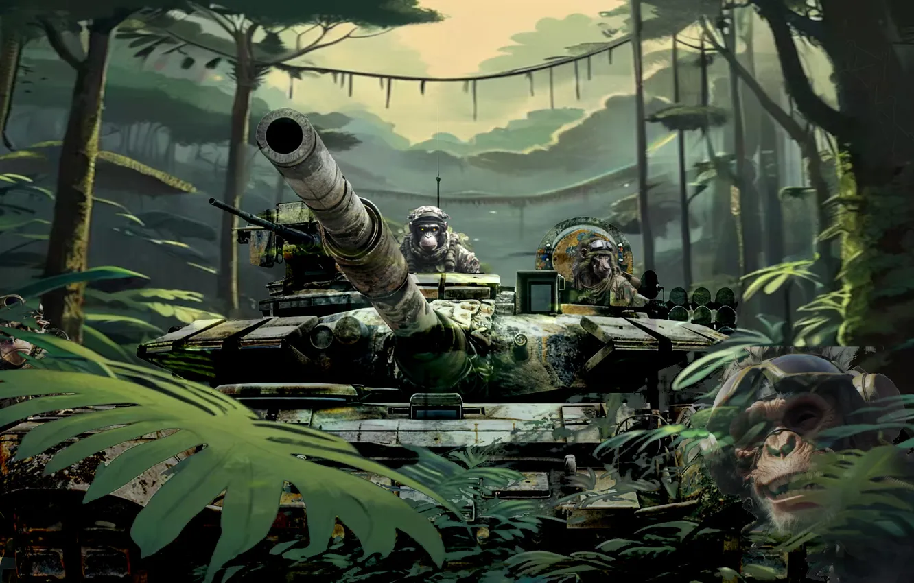 Photo wallpaper monkey, weapon, jungle, warfare, tank, pearls, camouflage