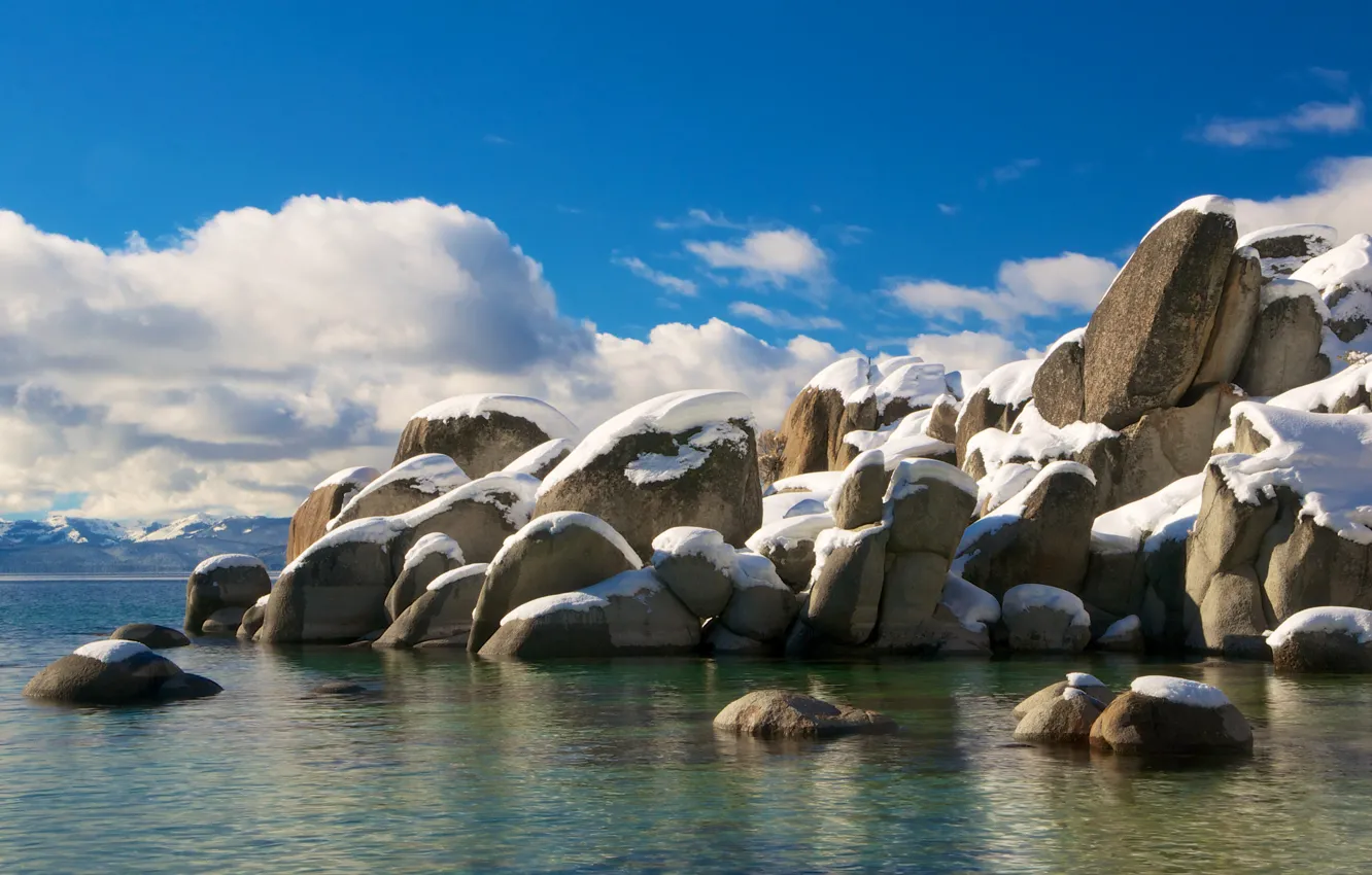 Photo wallpaper the sky, clouds, snow, lake, stones, USA, CA, Tahoe