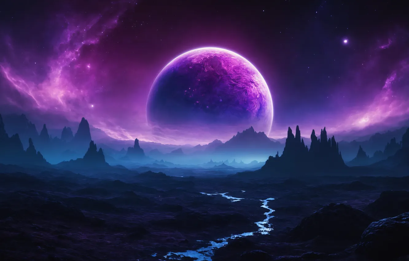 Photo wallpaper water, space, stars, rocks, planet, the surface of the planet