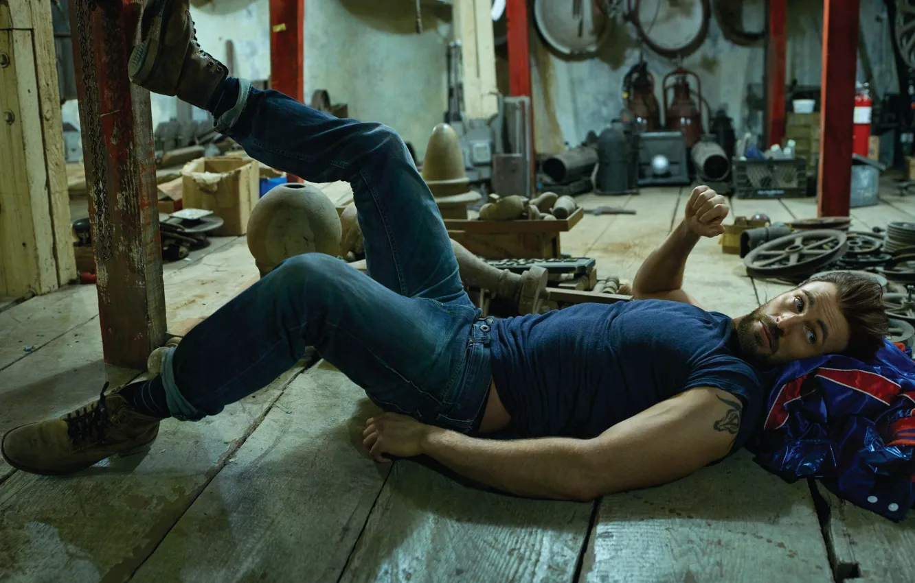 Photo wallpaper jeans, shoes, t-shirt, actor, lies, on the floor, mess, photoshoot
