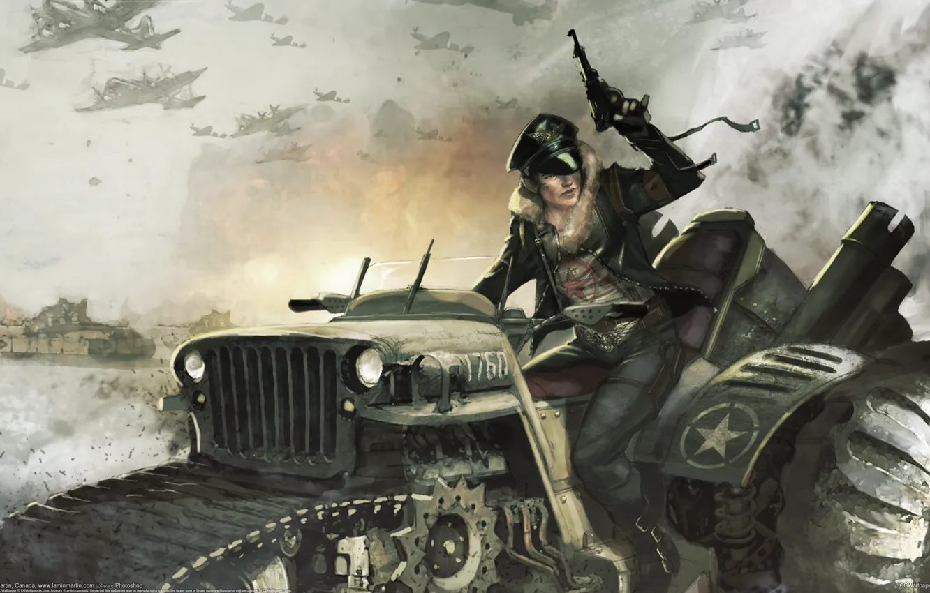 Photo wallpaper girl, war, jeep, tractor, aircraft, Lamin Martin
