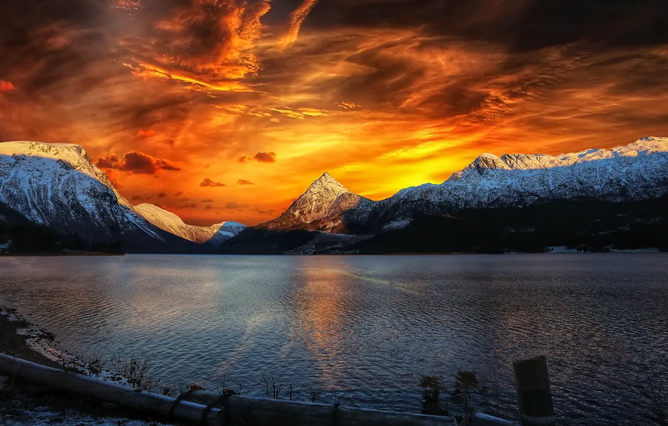 Photo wallpaper sea, sunset, mountains