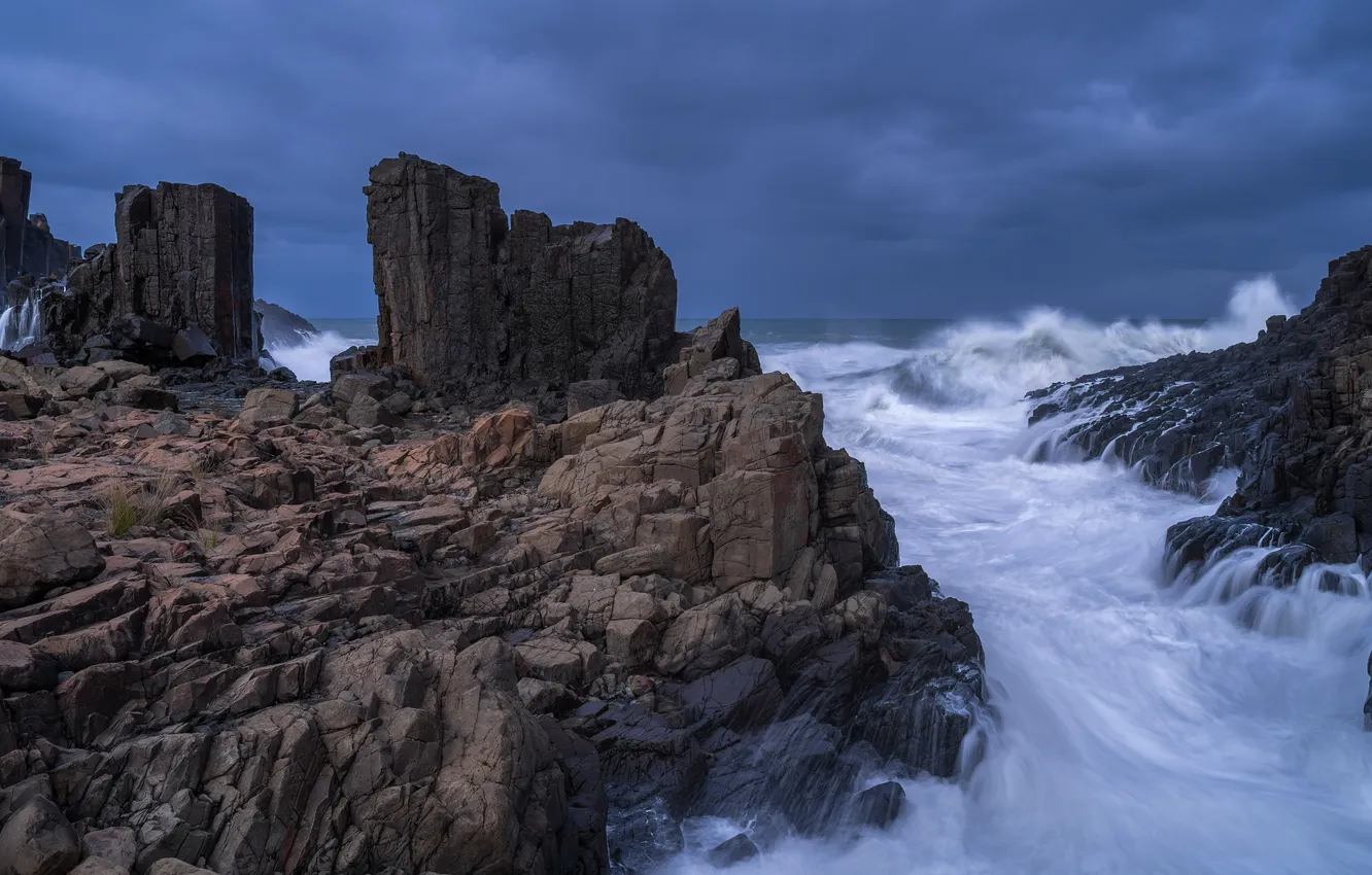 Photo wallpaper sea, wave, rocks