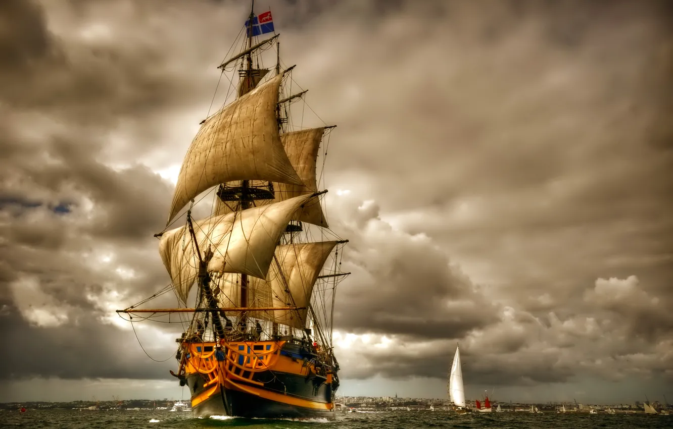 Photo wallpaper sea, the sky, clouds, boat, ship, sailboat, sail