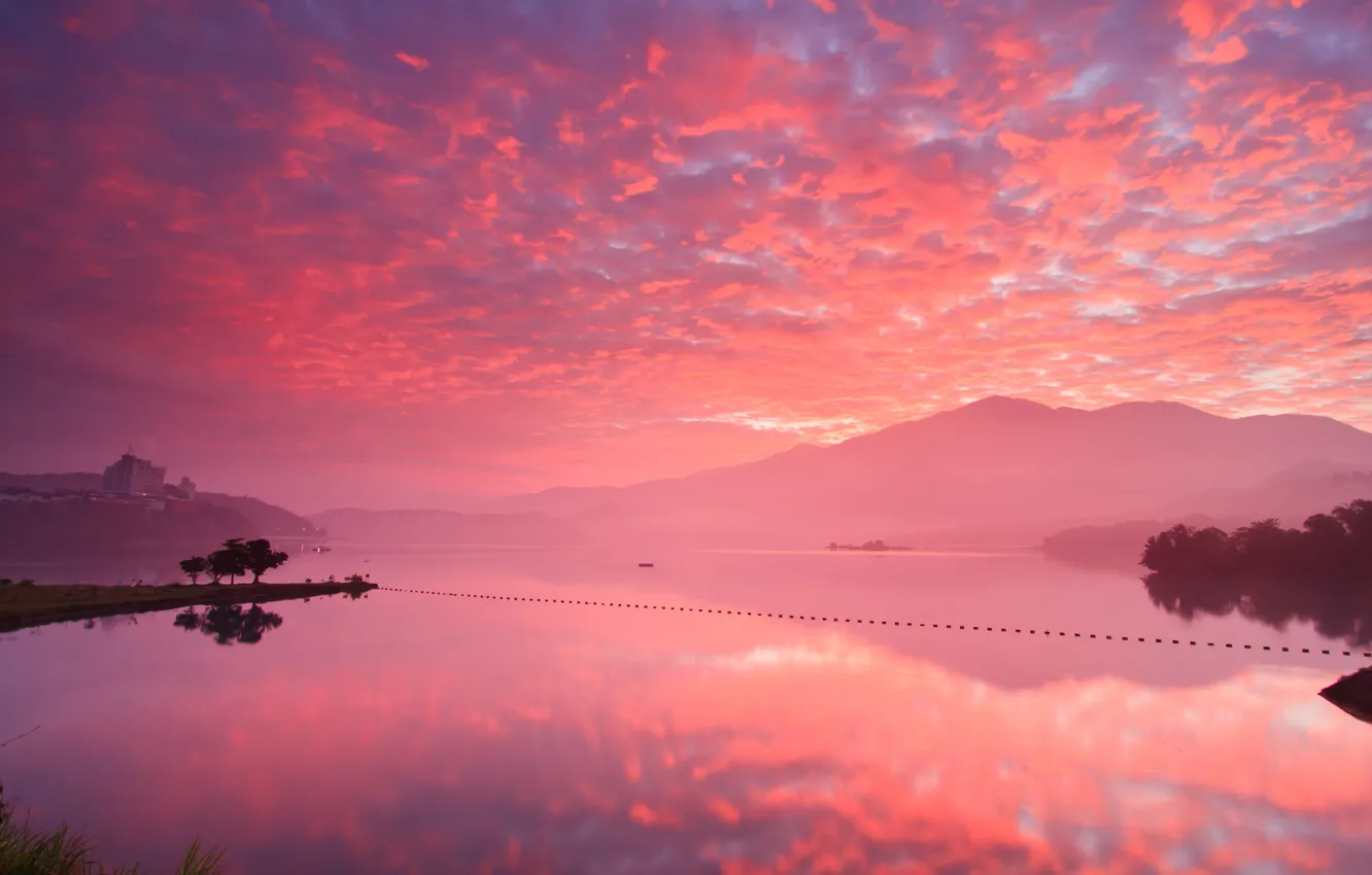 Photo wallpaper the sky, grass, water, clouds, trees, mountains, lights, the ocean