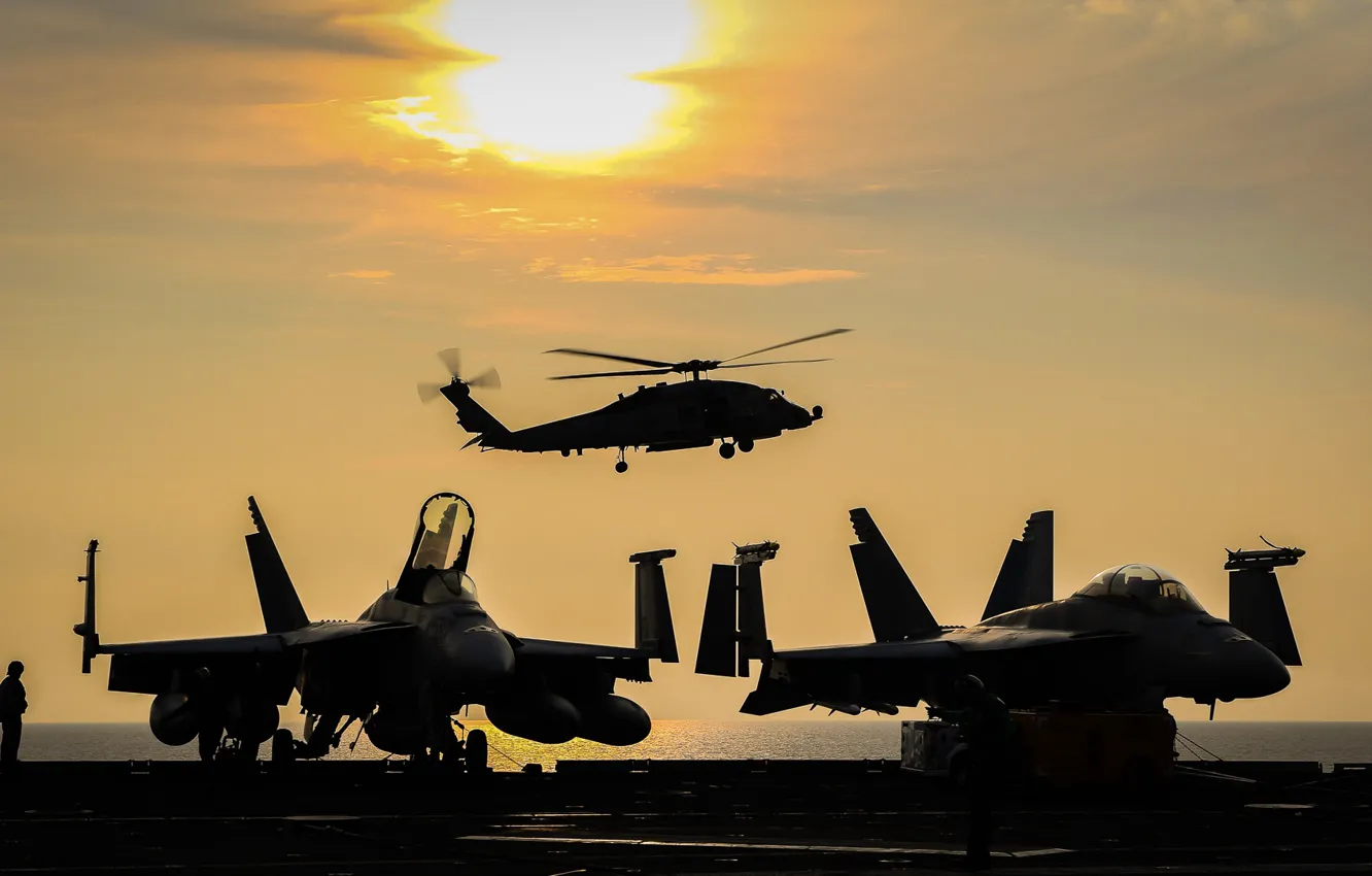 Photo wallpaper sea, silhouette, fighters, helicopter, deck