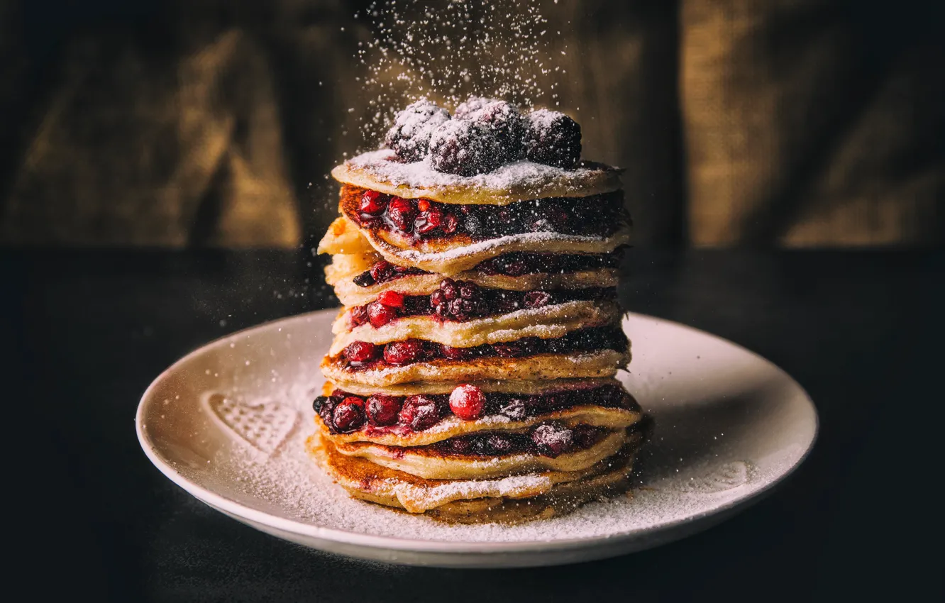 Photo wallpaper berries, powdered sugar, pancake
