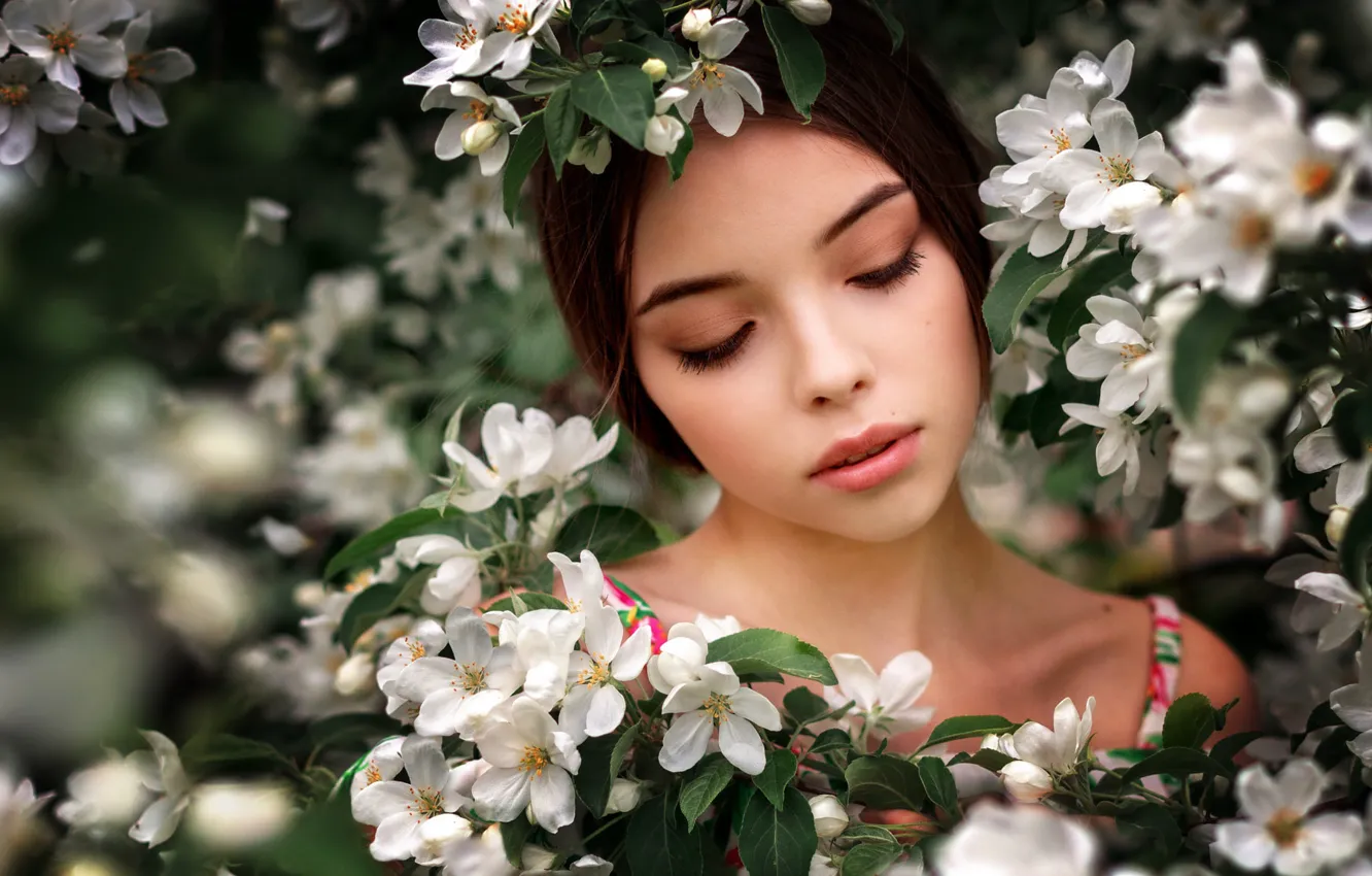 Photo wallpaper girl, flowers, face, spring, flowering, Renat Fotov