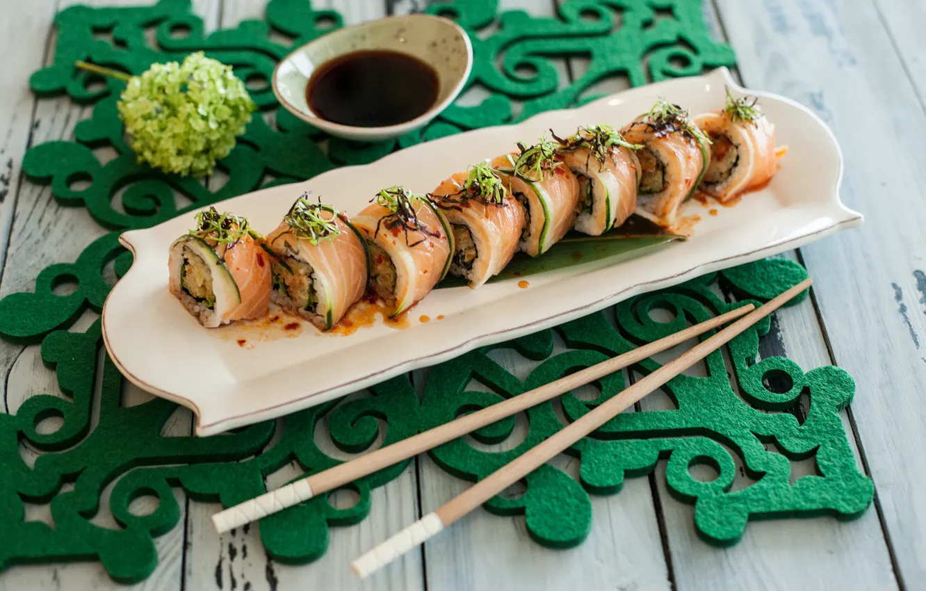 Photo wallpaper sticks, sauce, sushi, wasabi