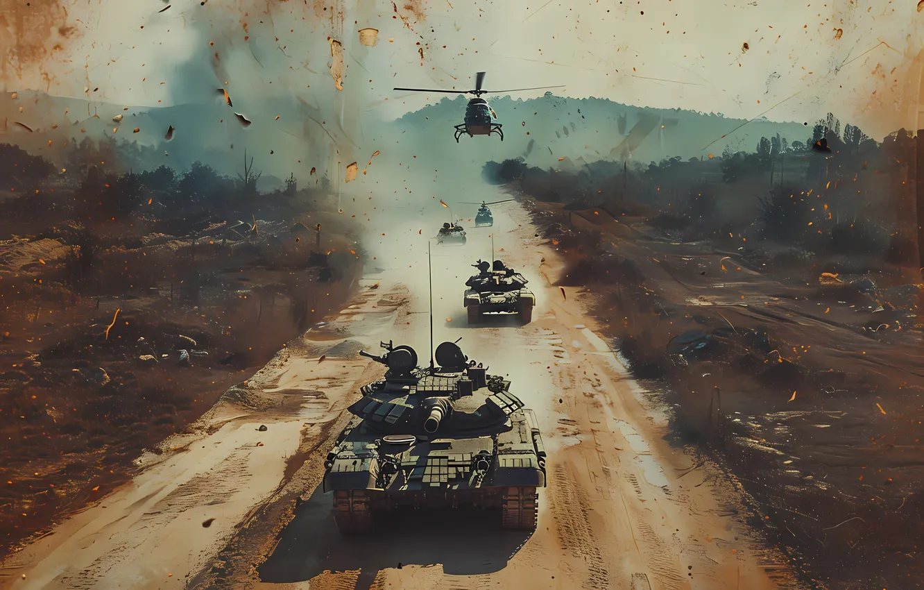 Photo wallpaper road, retro, tank, helicopter, digital art, AI art, The Art of Artificial Intelligence, neural network