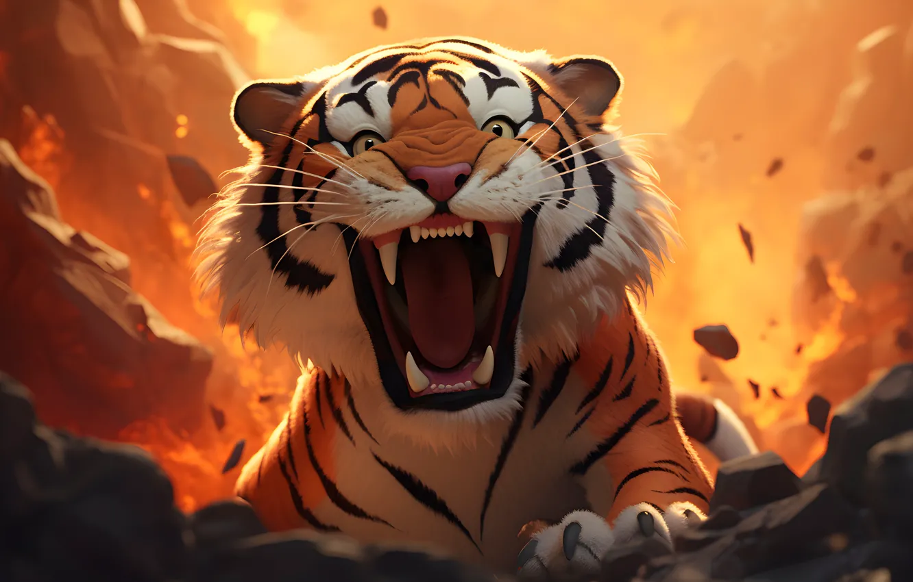 Photo wallpaper Look, Tiger, Mouth, Fangs, Face, Predator, Digital art, Big cat