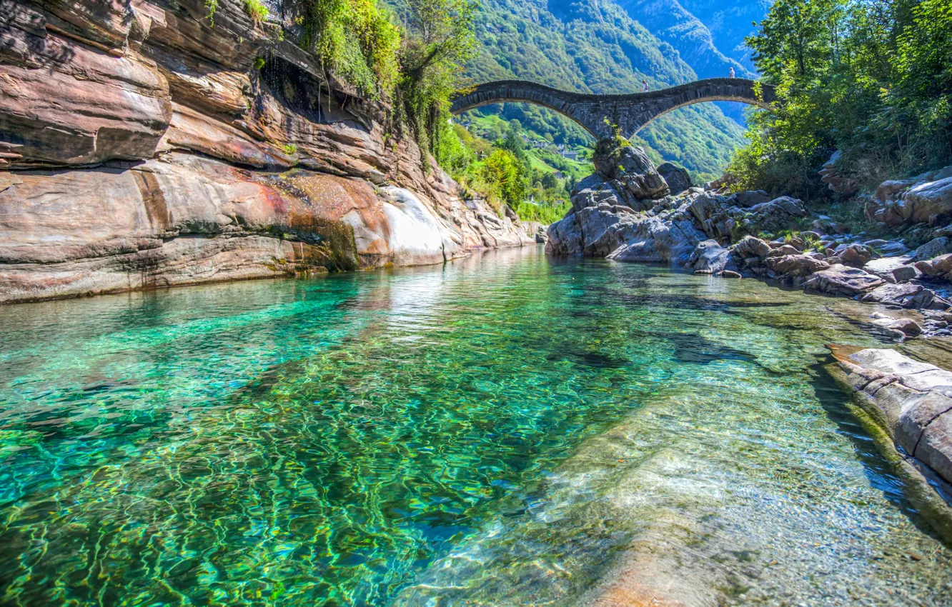 Photo wallpaper bridge, river, Switzerland, Switzerland, Locarno, Lavertezzo, Valle Verzasca