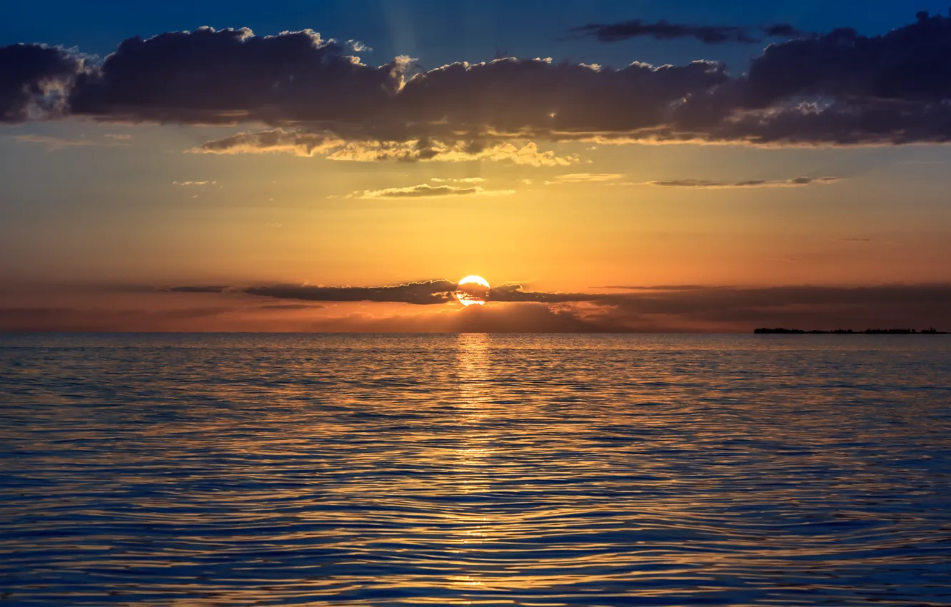 Photo wallpaper sea, the sky, the sun, clouds, sunset, orange, The evening