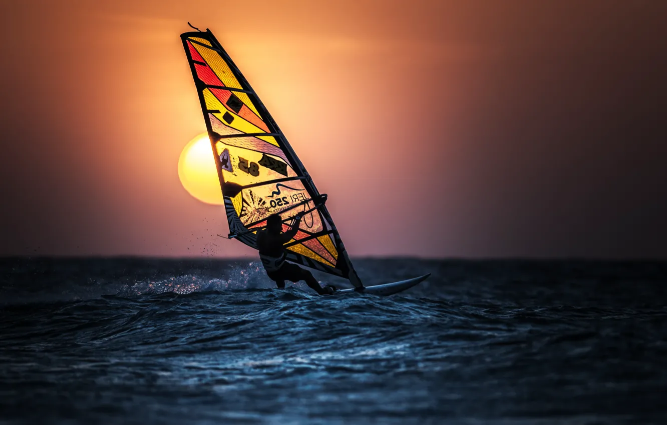 Photo wallpaper the sun, sail, Windsurfing, windsurfing